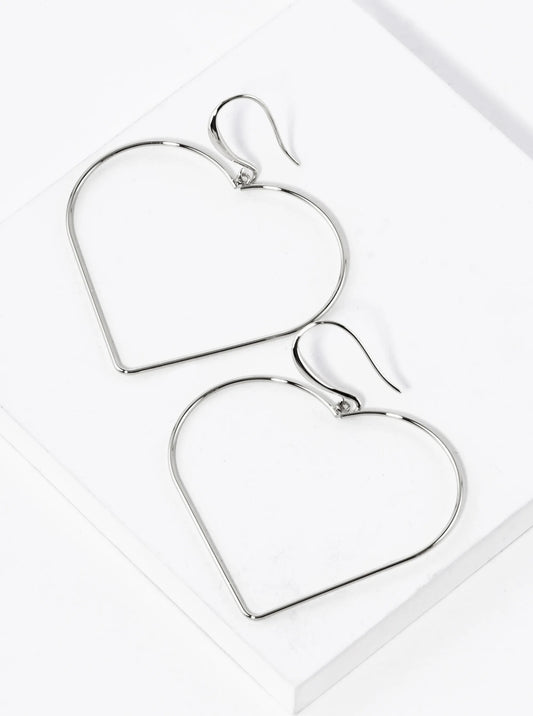 White Gold Dipped Large Wire Heart Drop Lightweight Earrings