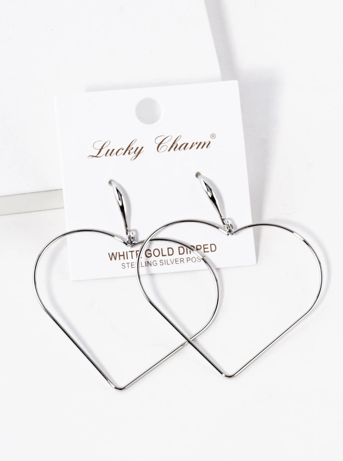 White Gold Dipped Large Wire Heart Drop Lightweight Earrings