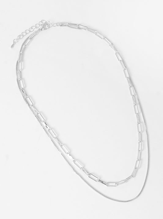 White Gold Dipped Layered Metal Chain Necklace