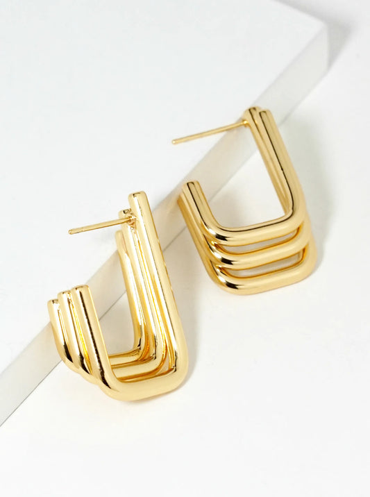 White Gold Dipped Layered Rectangle Open Hoop Earrings