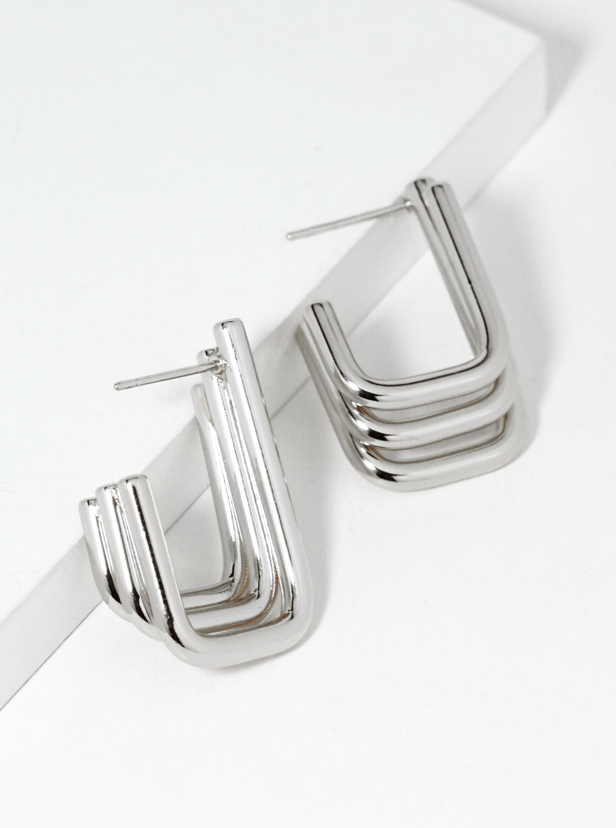 White Gold Dipped Layered Rectangle Open Hoop Earrings