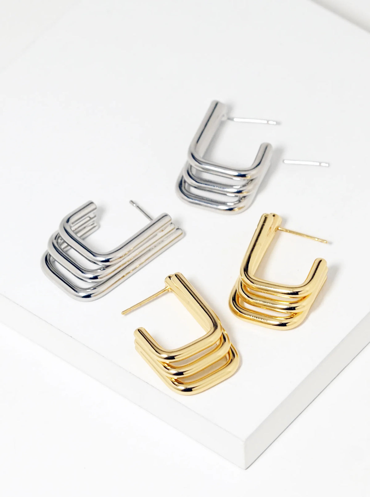 White Gold Dipped Layered Rectangle Open Hoop Earrings