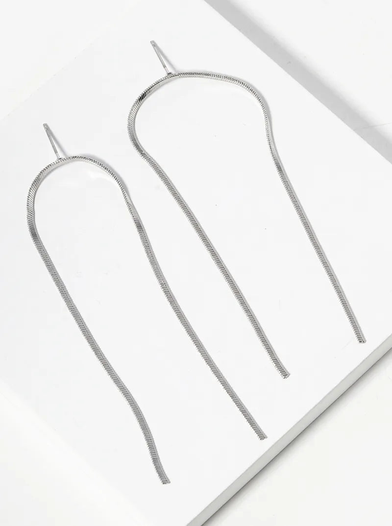 White Gold Dipped Long Linear Chain Drop Delicate Earrings