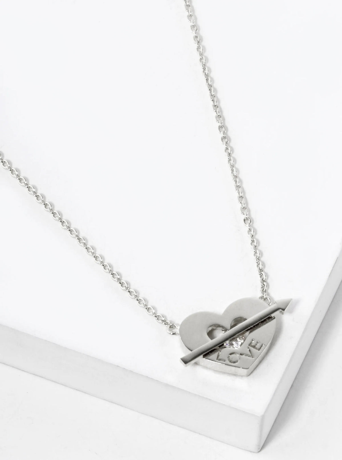 White Gold Dipped Love Engraved Cupids Heart Pendant Necklace