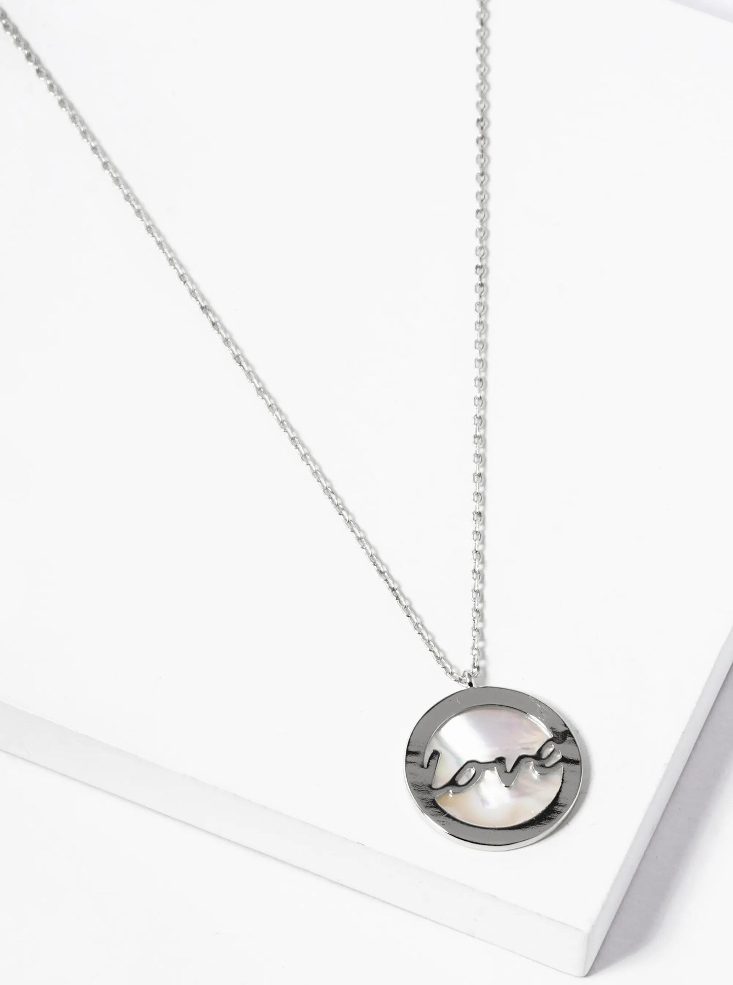 White Gold Dipped Love MOP Round Pendant Necklace