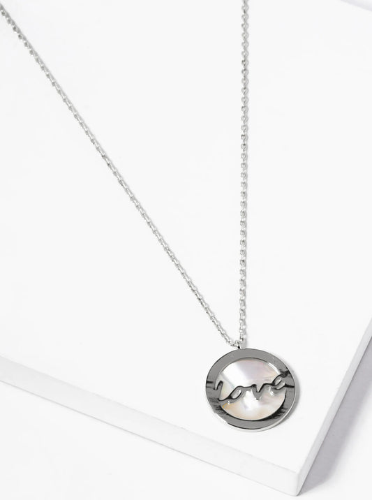 White Gold Dipped Love MOP Round Pendant Necklace