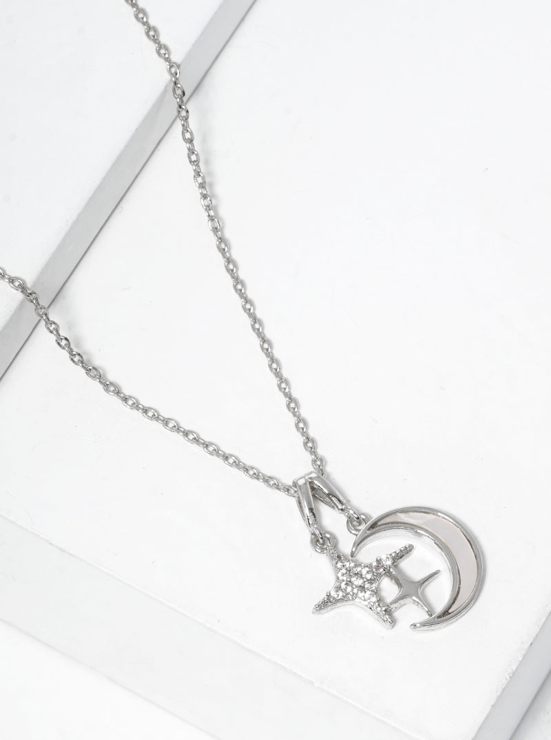 White Gold Dipped MOP Crescent Moon Pendant Necklace