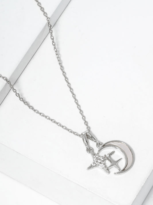 White Gold Dipped CZ Pave MOP Saturn Pendant Necklace