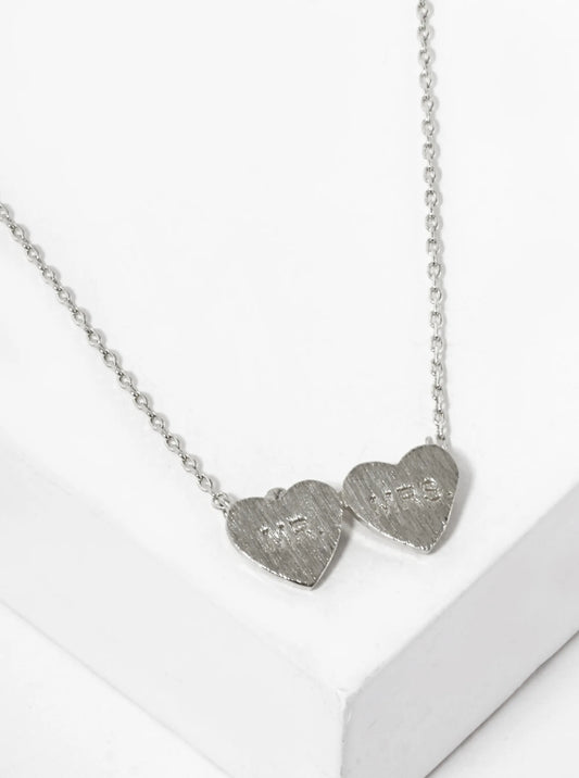 White Gold Dipped Mr And Mrs Engraved Two Heart Pendant Necklace