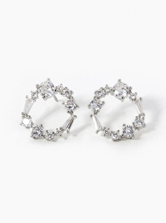 White Gold Dipped Multi Shape CZ Pave Circle Stud  Earrings