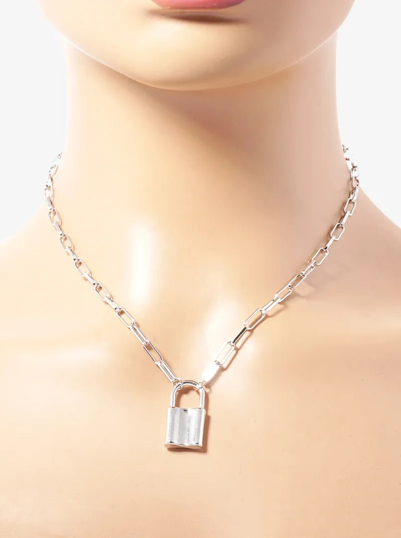 White Gold Dipped Padlock Pendant Chain Necklace