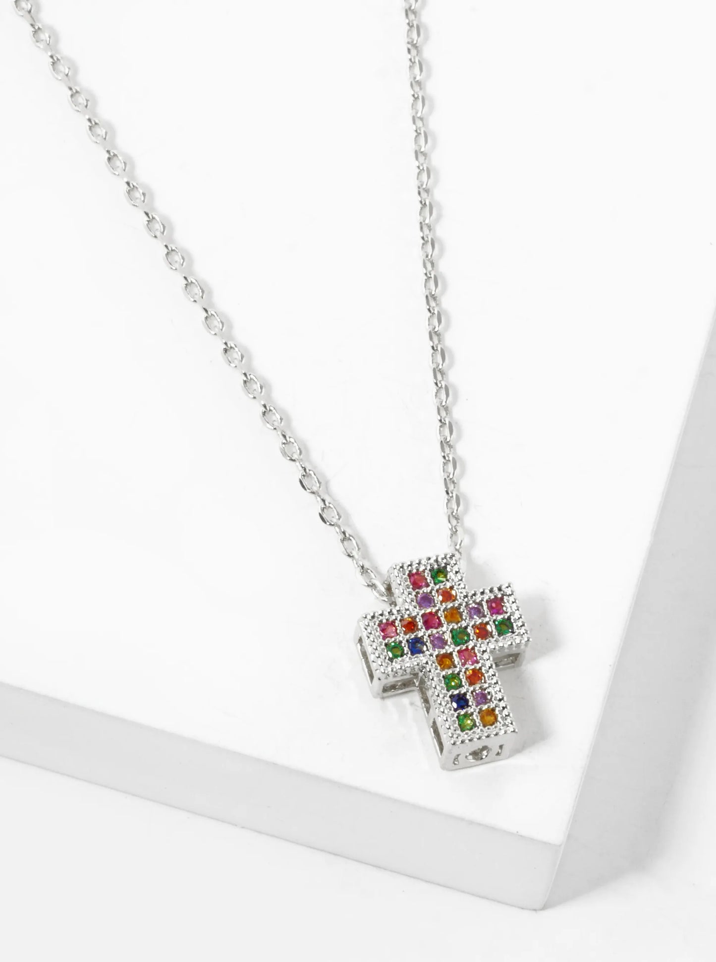 White Gold Dipped Pave Cubic Zirconia 11mm Cross Pendant Necklace