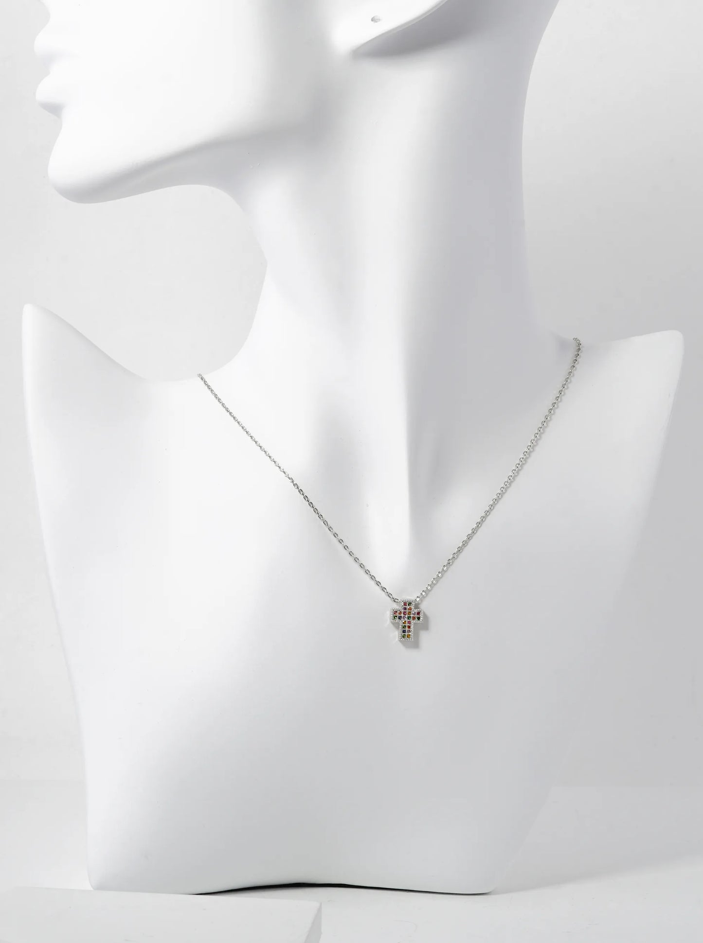 White Gold Dipped Pave Cubic Zirconia 11mm Cross Pendant Necklace