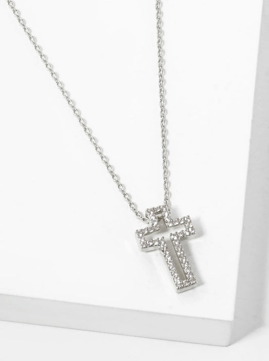 White Gold Dipped Pave Cubic Zirconia 16mm Cross Pendant Necklace