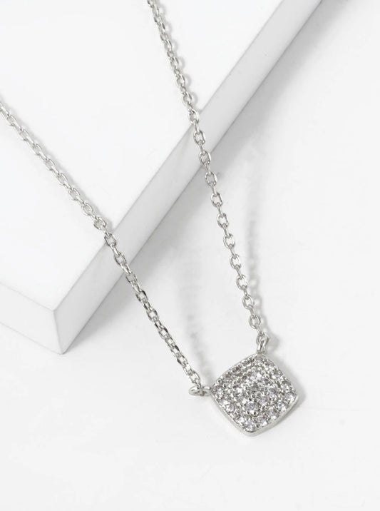 White Gold Dipped Pave Cubic Zirconia 6mm Square Pendant Necklace