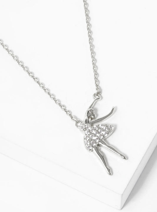 White Gold Dipped Pave Cubic Zirconia Ballerina Pendant Necklace