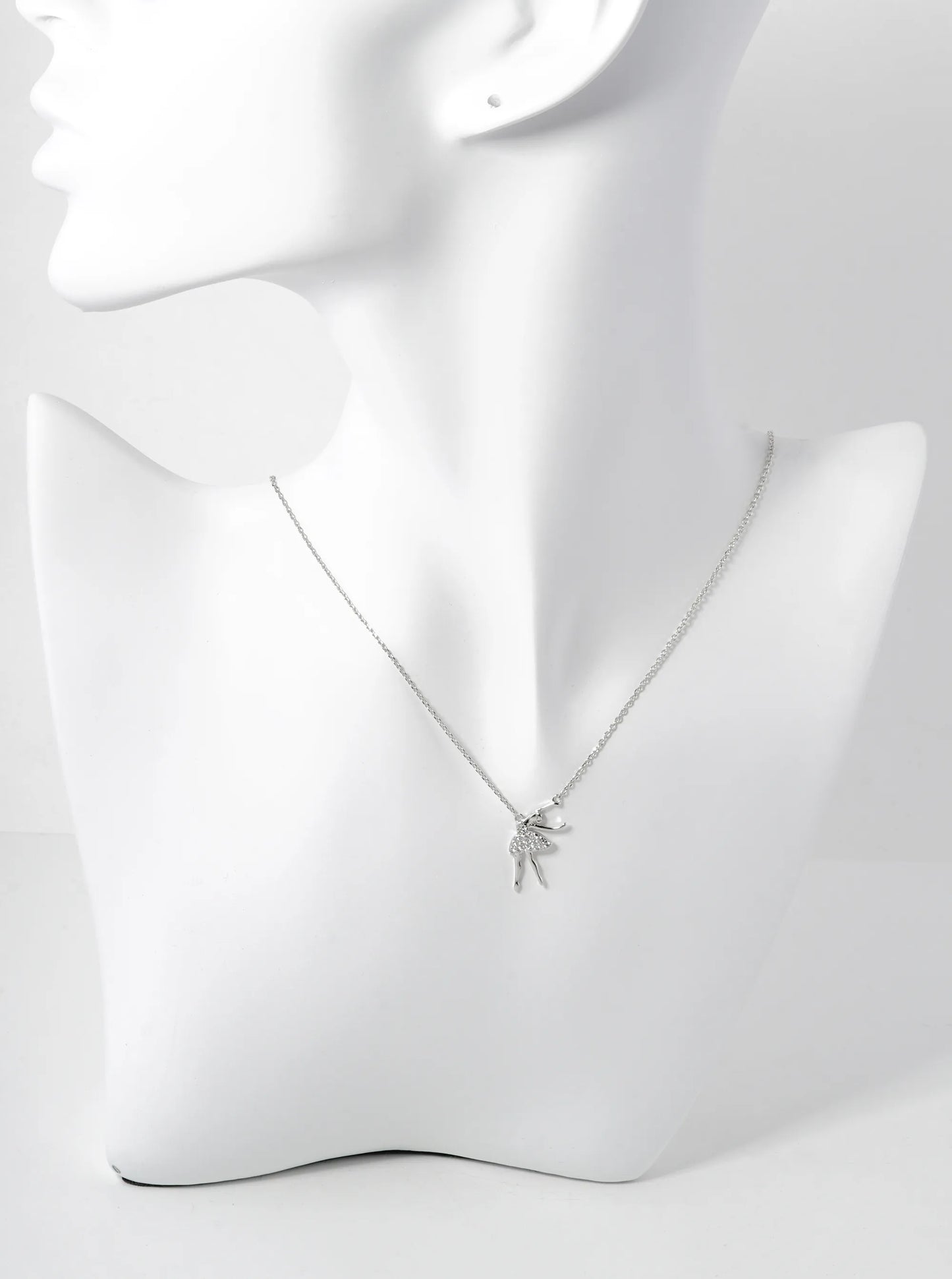 White Gold Dipped Pave Cubic Zirconia Ballerina Pendant Necklace