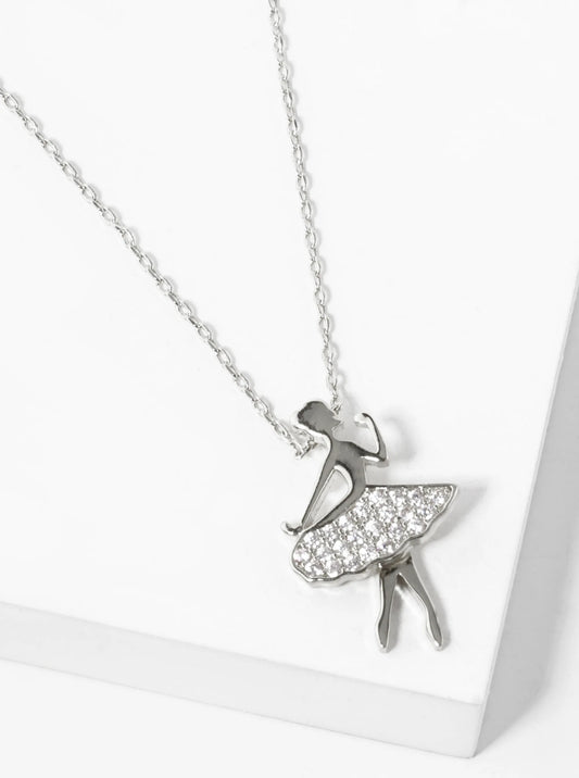 White Gold Dipped Pave Cubic Zirconia Ballerina Pendant Necklace