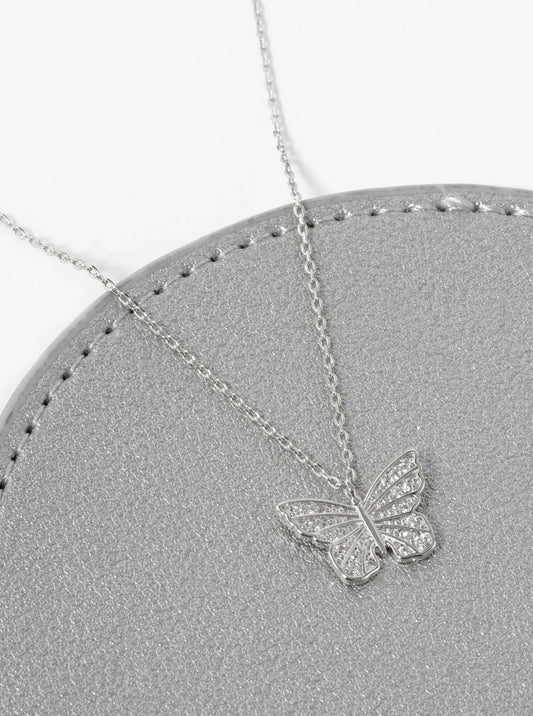 White Gold Dipped Pave Cubic Zirconia Butterfly Pendant Necklace