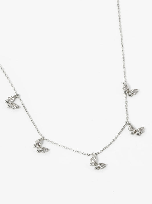 White Gold Dipped Pave Cubic Zirconia Five Butterflies Pendant Necklace