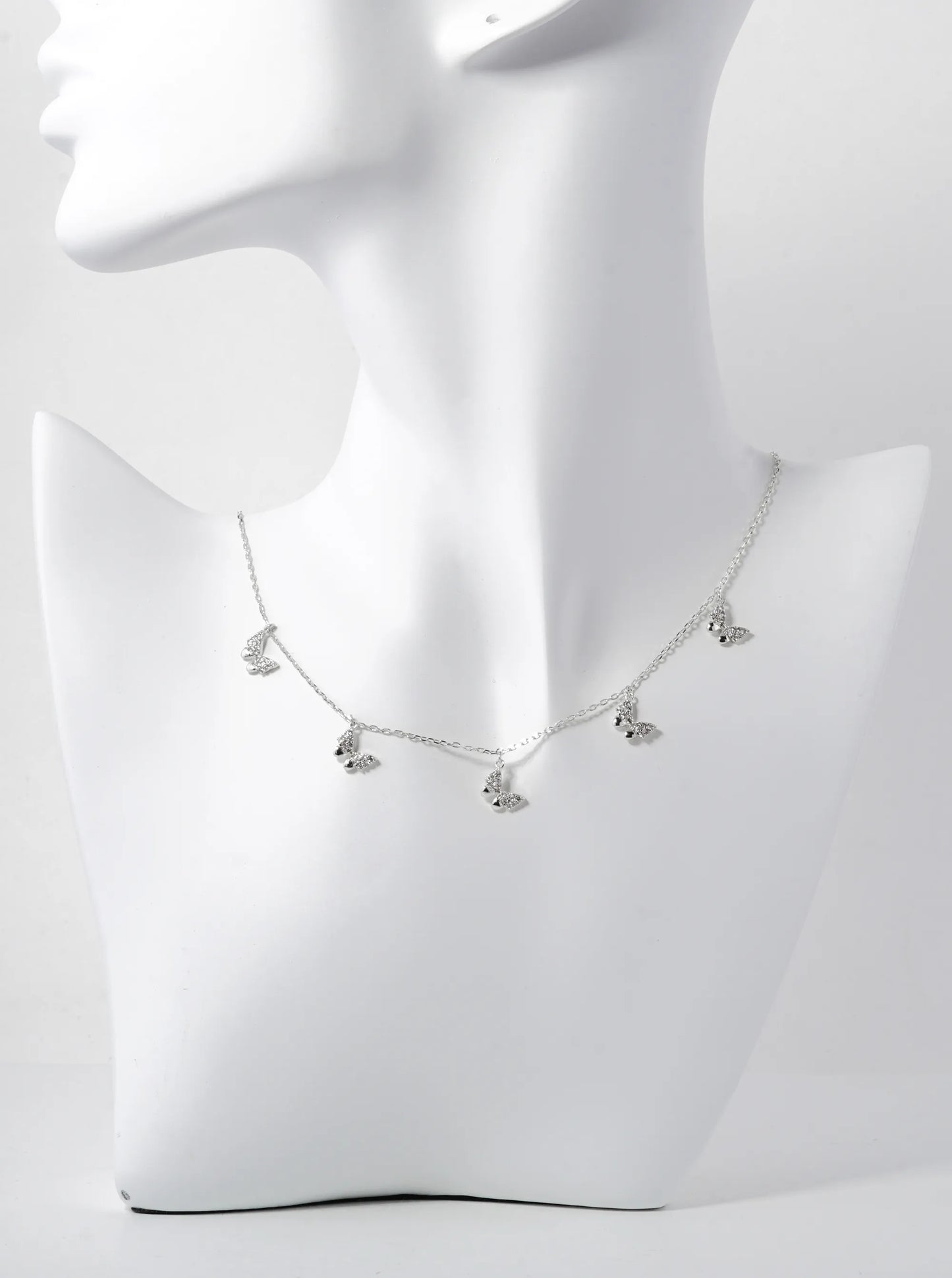 White Gold Dipped Pave Cubic Zirconia Five Butterflies Pendant Necklace