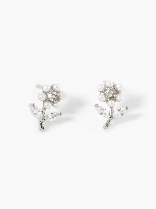 White Gold Dipped Pearl And CZ Flower Stud Earrings