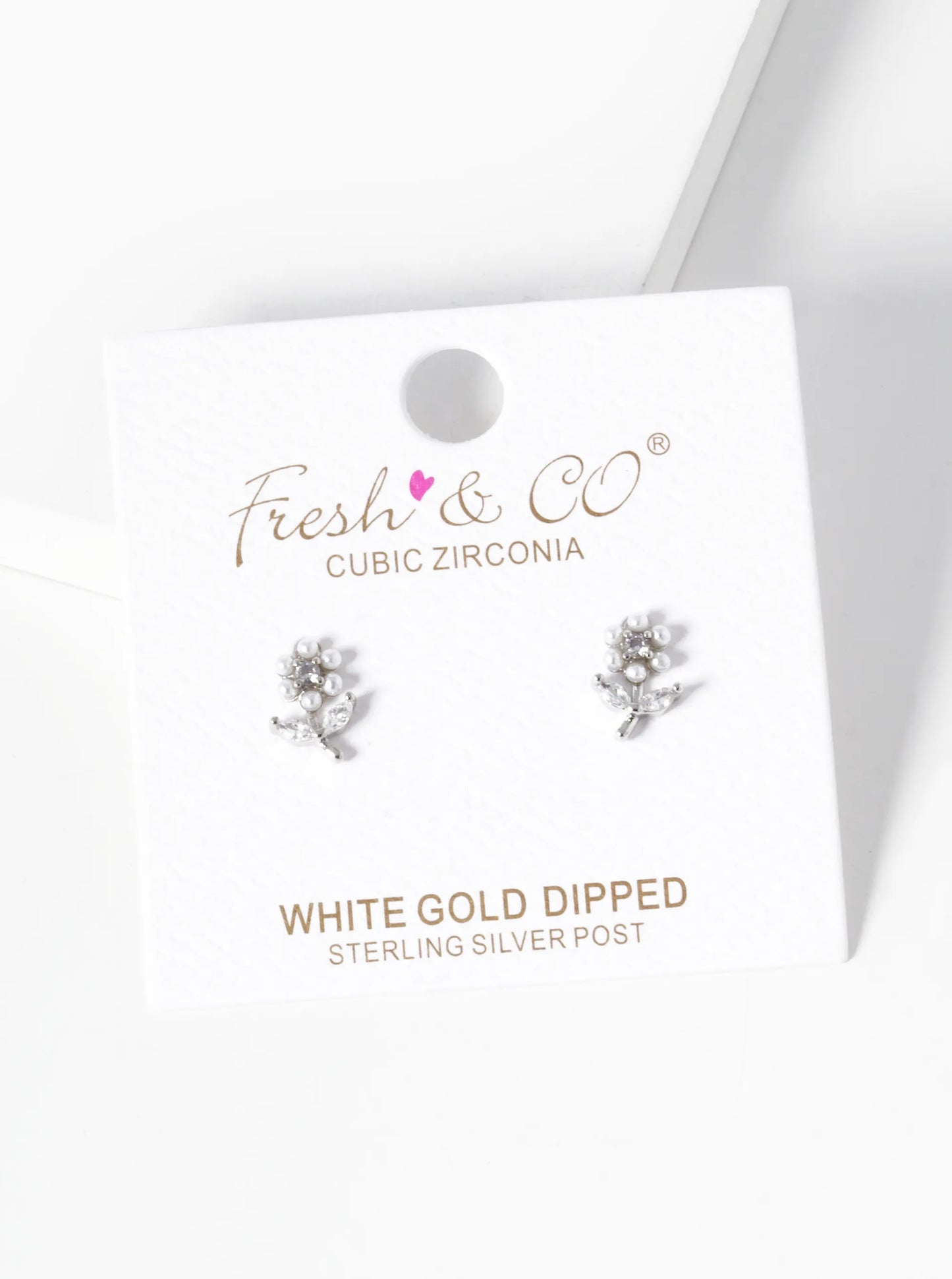 White Gold Dipped Pearl And CZ Flower Stud Earrings
