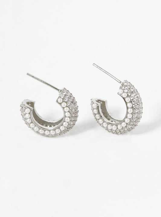 White Gold Dipped Pearl And CZ Pave 15mm Hoop Earrings