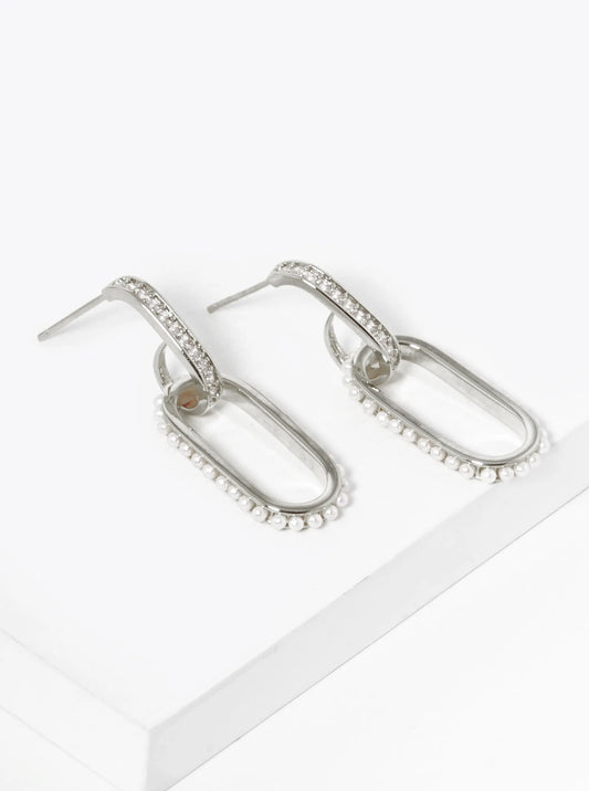 White Gold Dipped Pearl And CZ Pave Chain Shape Hoop Earrings