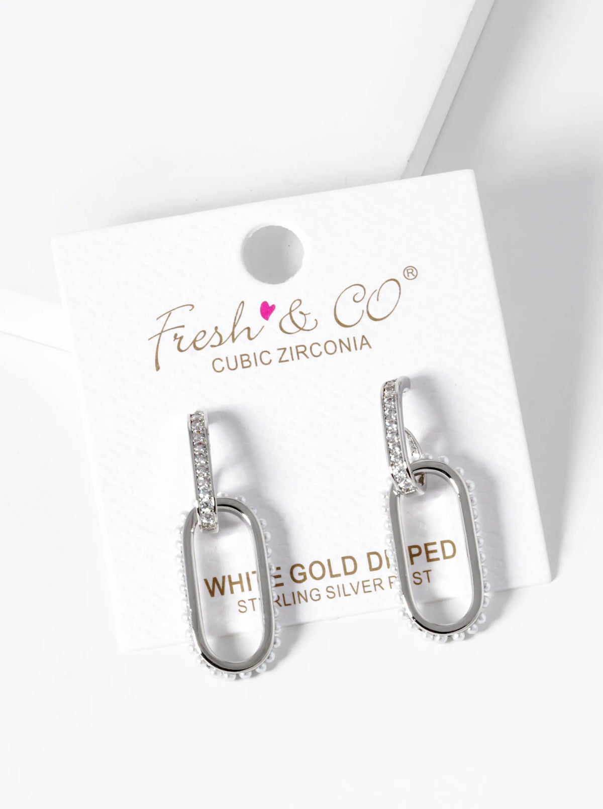 White Gold Dipped Pearl And CZ Pave Chain Shape Hoop Earrings
