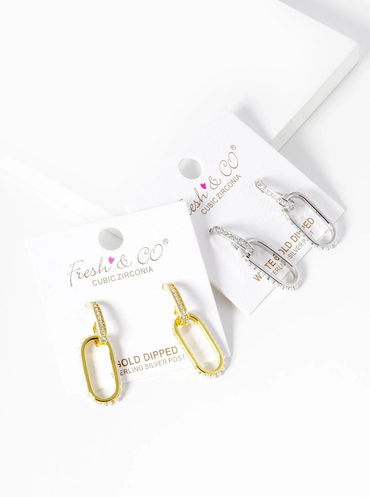 White Gold Dipped Pearl And CZ Pave Chain Shape Hoop Earrings