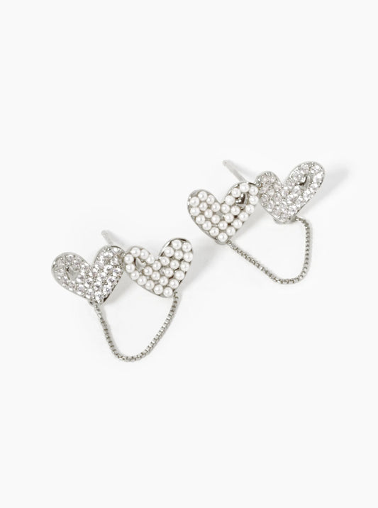 White Gold Dipped Pearl And CZ Pave Double Heart Chain Stud Earrings