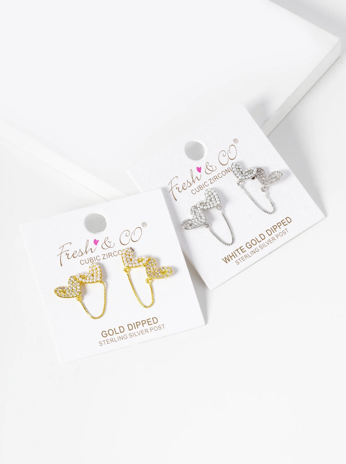 White Gold Dipped Pearl And CZ Pave Double Heart Chain Stud Earrings