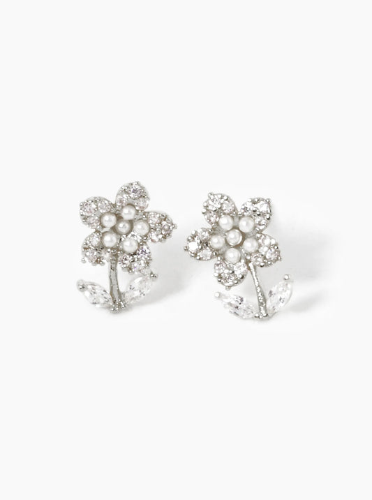 White Gold Dipped Pearl And CZ Pave Flower Stud Earrings