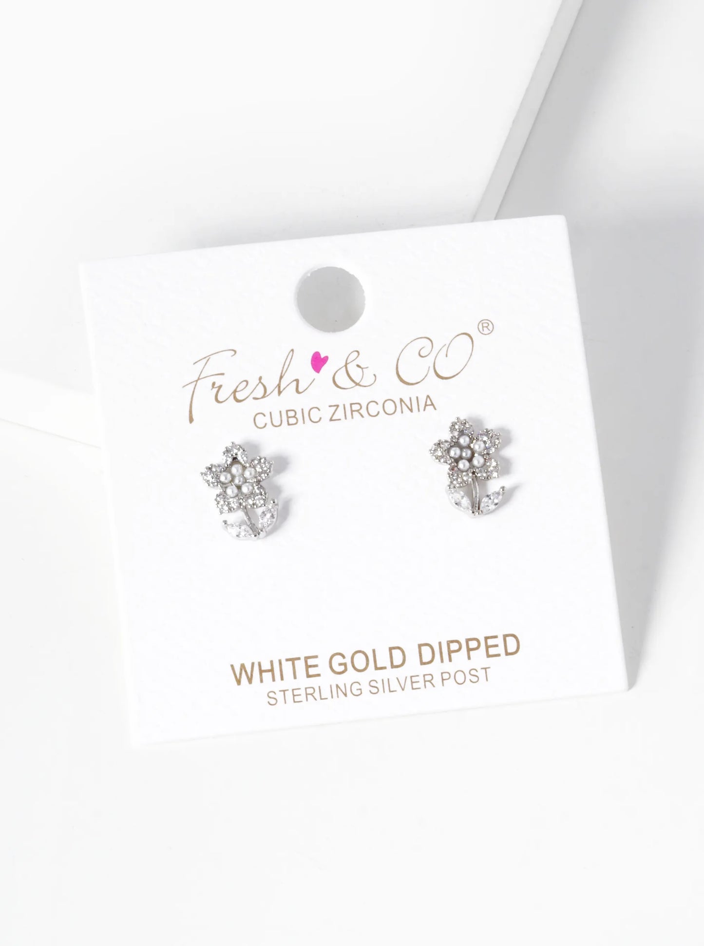White Gold Dipped Pearl And CZ Pave Flower Stud Earrings