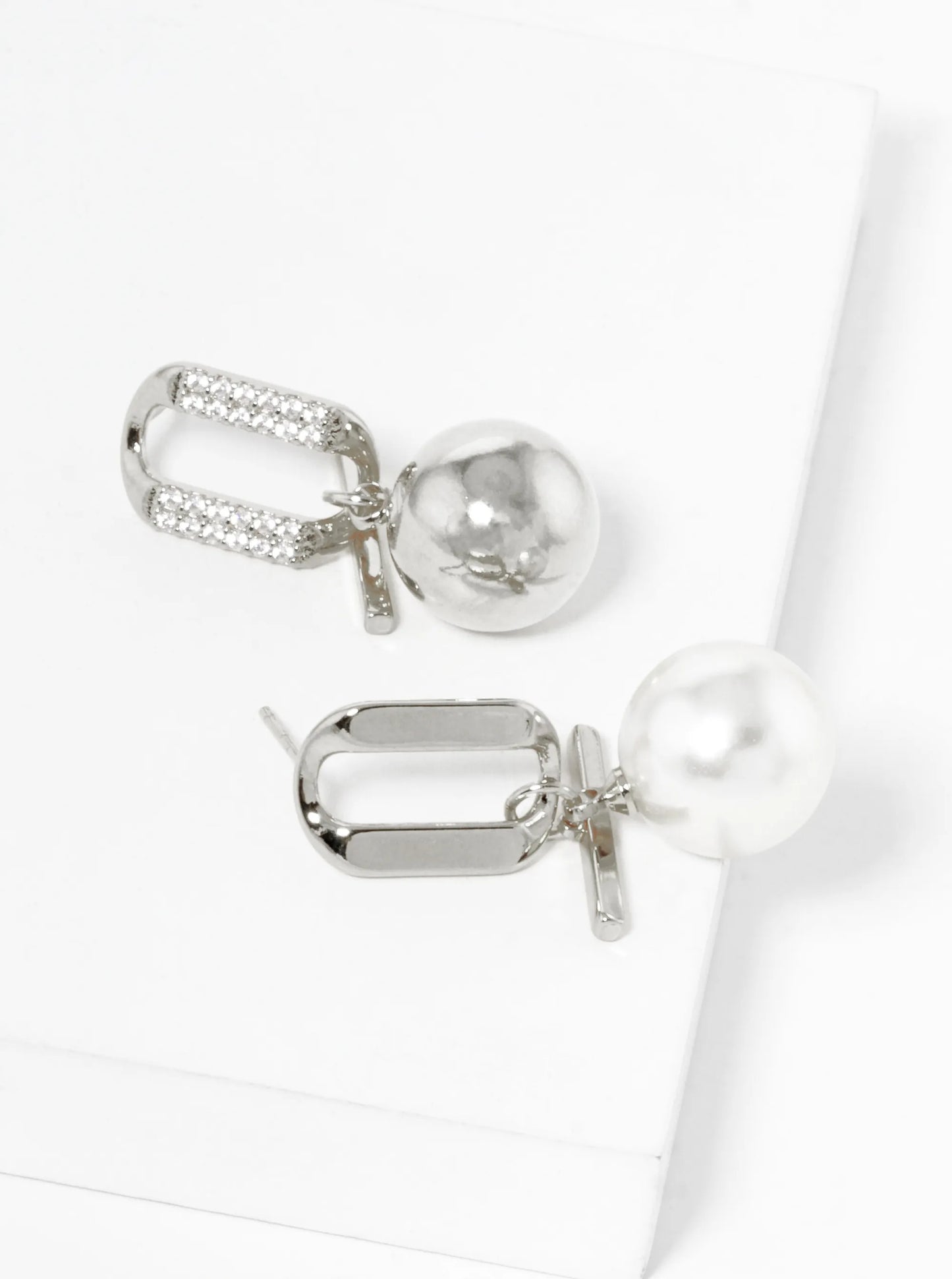 White Gold Dipped Pearl And Metal Ball Drop CZ Pave Uneven Dangle Earrings