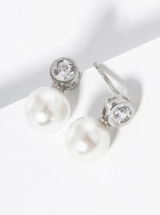 White Gold Dipped Pearl Bead Drop Bezel Set CZ Post Stud Earrings