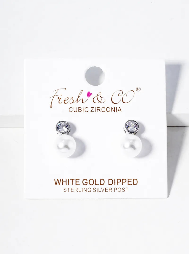 White Gold Dipped Pearl Bead Drop Bezel Set CZ Post Stud Earrings