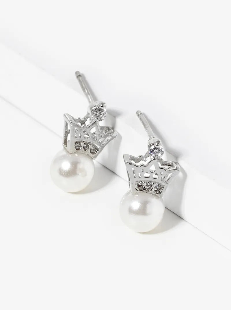 White Gold Dipped Pearl Bead Drop CZ Pave Crown Post Stud Earrings