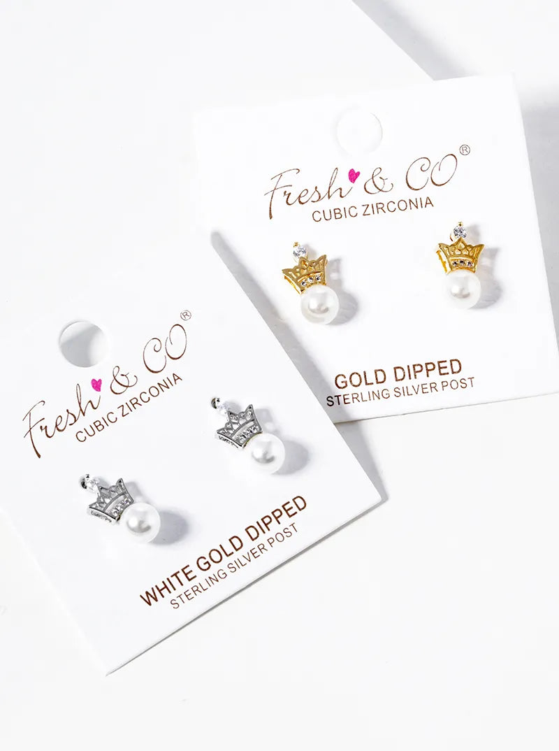 White Gold Dipped Pearl Bead Drop CZ Pave Crown Post Stud Earrings