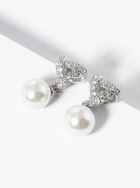 White Gold Dipped Pearl Bead Drop CZ Pave Triangle Dangle Post Earrings