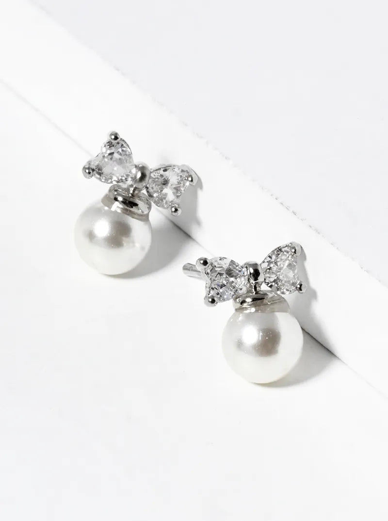 White Gold Dipped Pearl Bead Drop CZ Ribbon Bow Post Stud Earrings