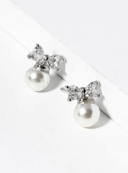 White Gold Dipped Pearl Bead Drop CZ Ribbon Bow Post Stud Earrings