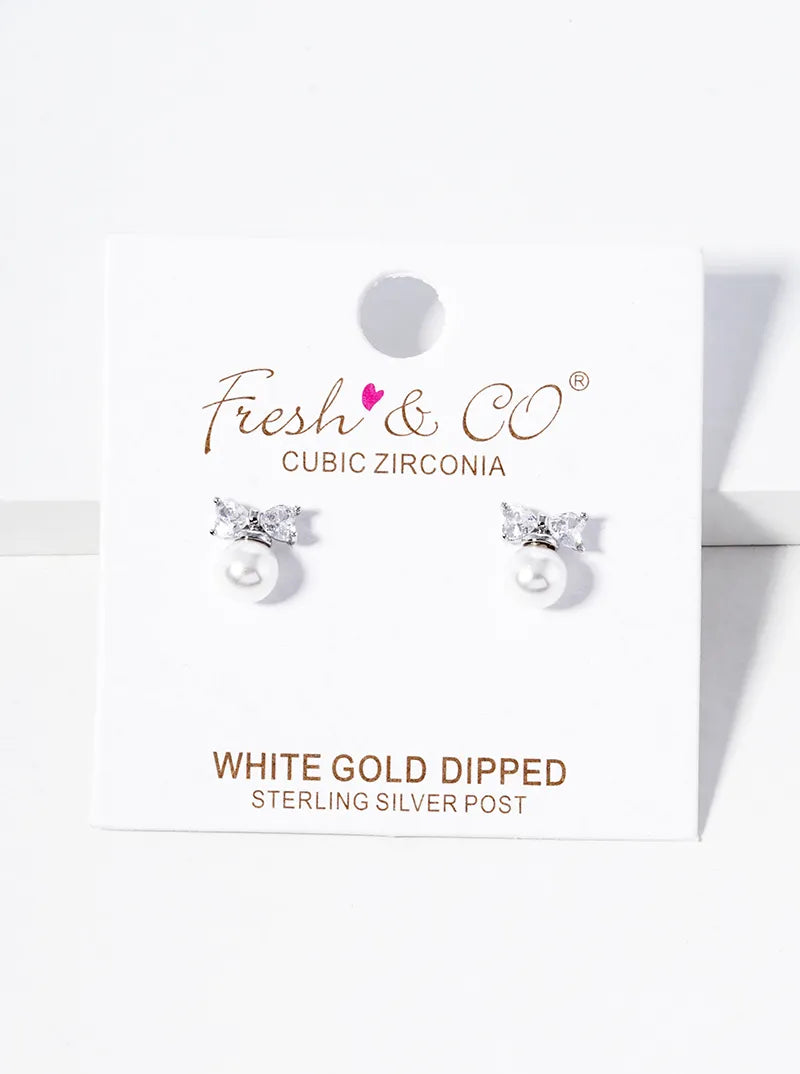 White Gold Dipped Pearl Bead Drop CZ Ribbon Bow Post Stud Earrings