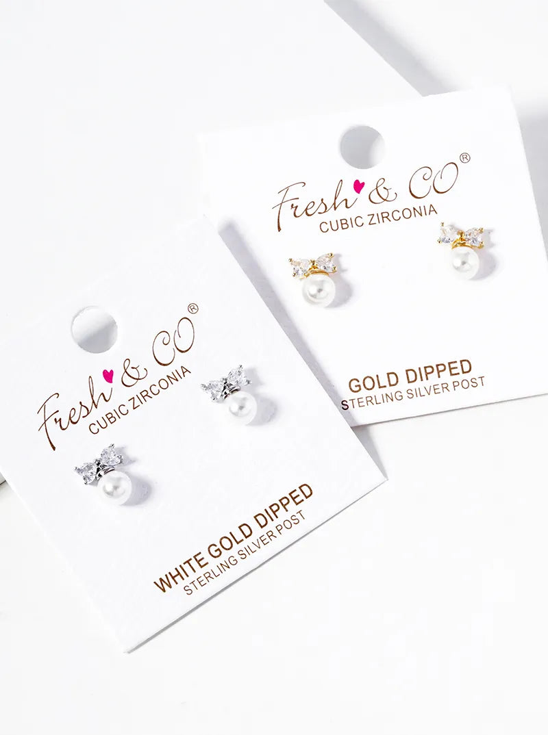 White Gold Dipped Pearl Bead Drop CZ Ribbon Bow Post Stud Earrings