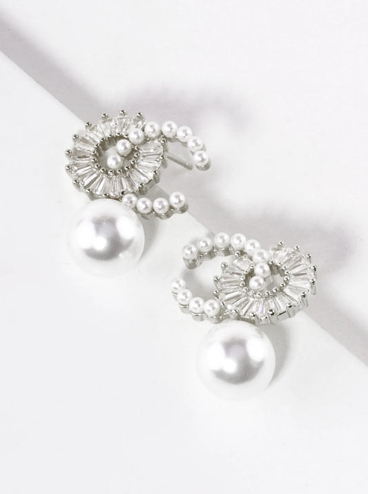 White Gold Dipped Pearl Bead Drop OC Post Earrings