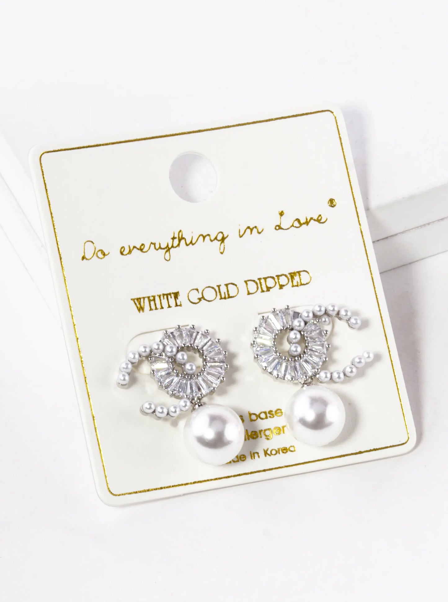 White Gold Dipped Pearl Bead Drop OC Post Earrings