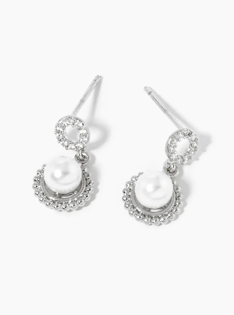 White Gold Dipped Pearl Beads Drop CZ Pave Circle Post Dangle Earrings