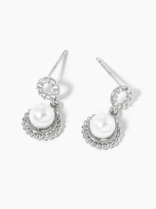 White Gold Dipped Pearl Beads Drop CZ Pave Circle Post Dangle Earrings