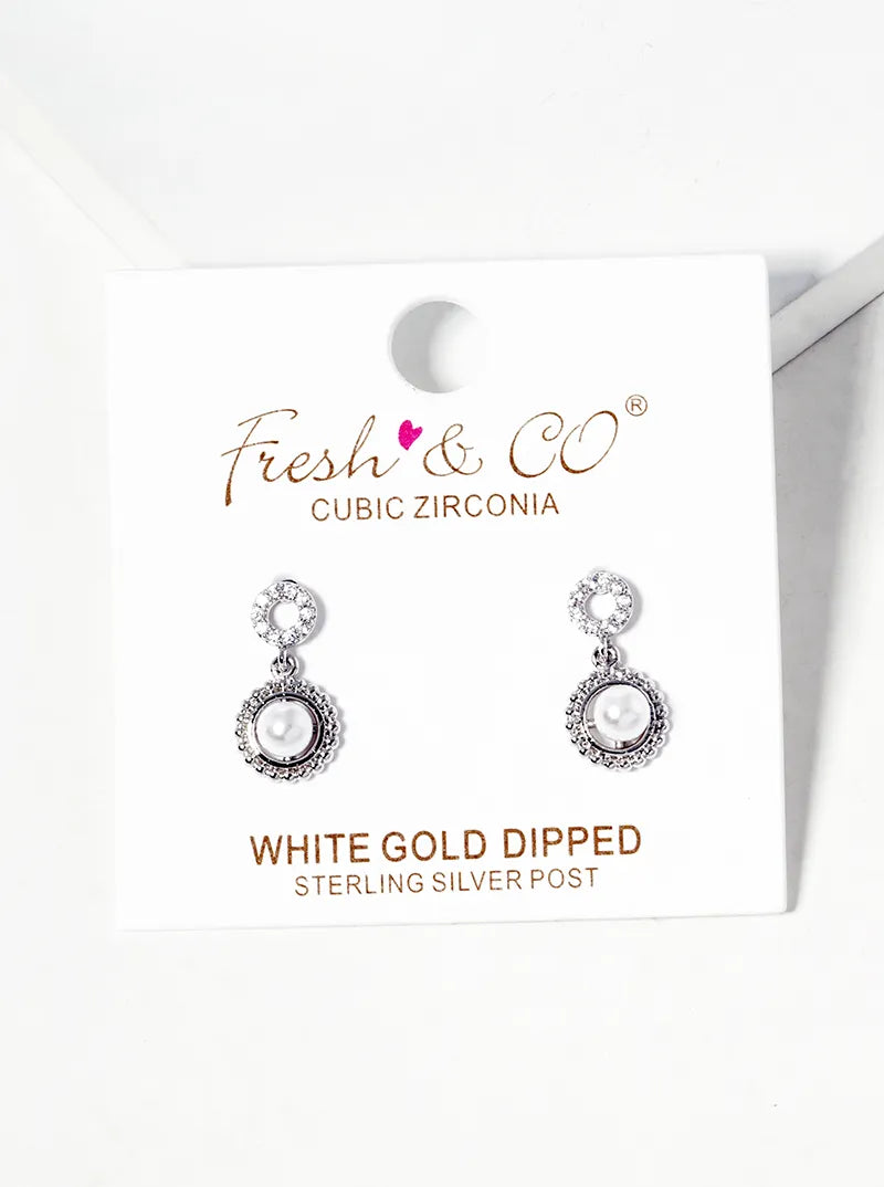White Gold Dipped Pearl Beads Drop CZ Pave Circle Post Dangle Earrings